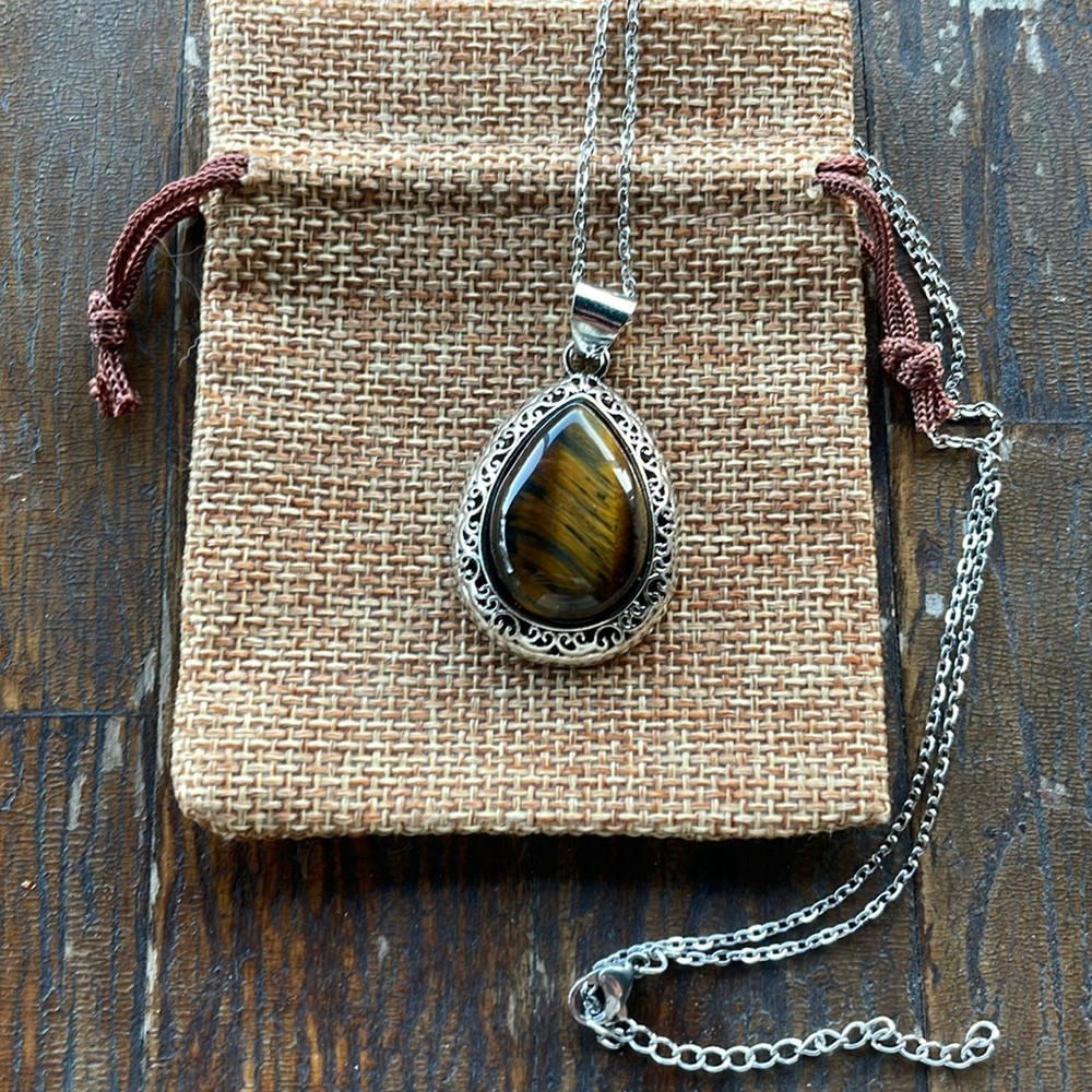 Tigers Eye Drop Necklace Tigers Eye Pendant with Stainless Steel Chain